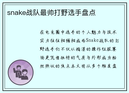 snake战队最帅打野选手盘点
